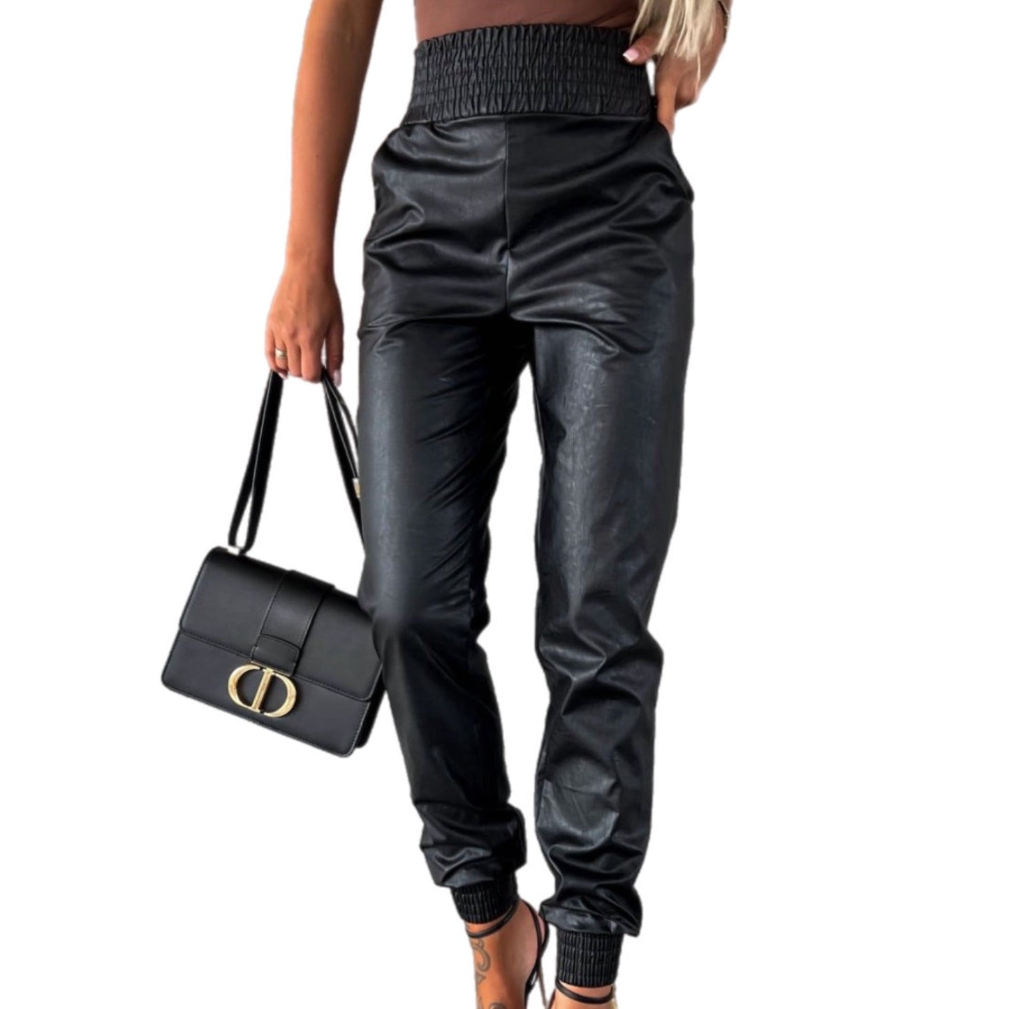 Vegan Leather Smocked High Waist Pants with Pockets