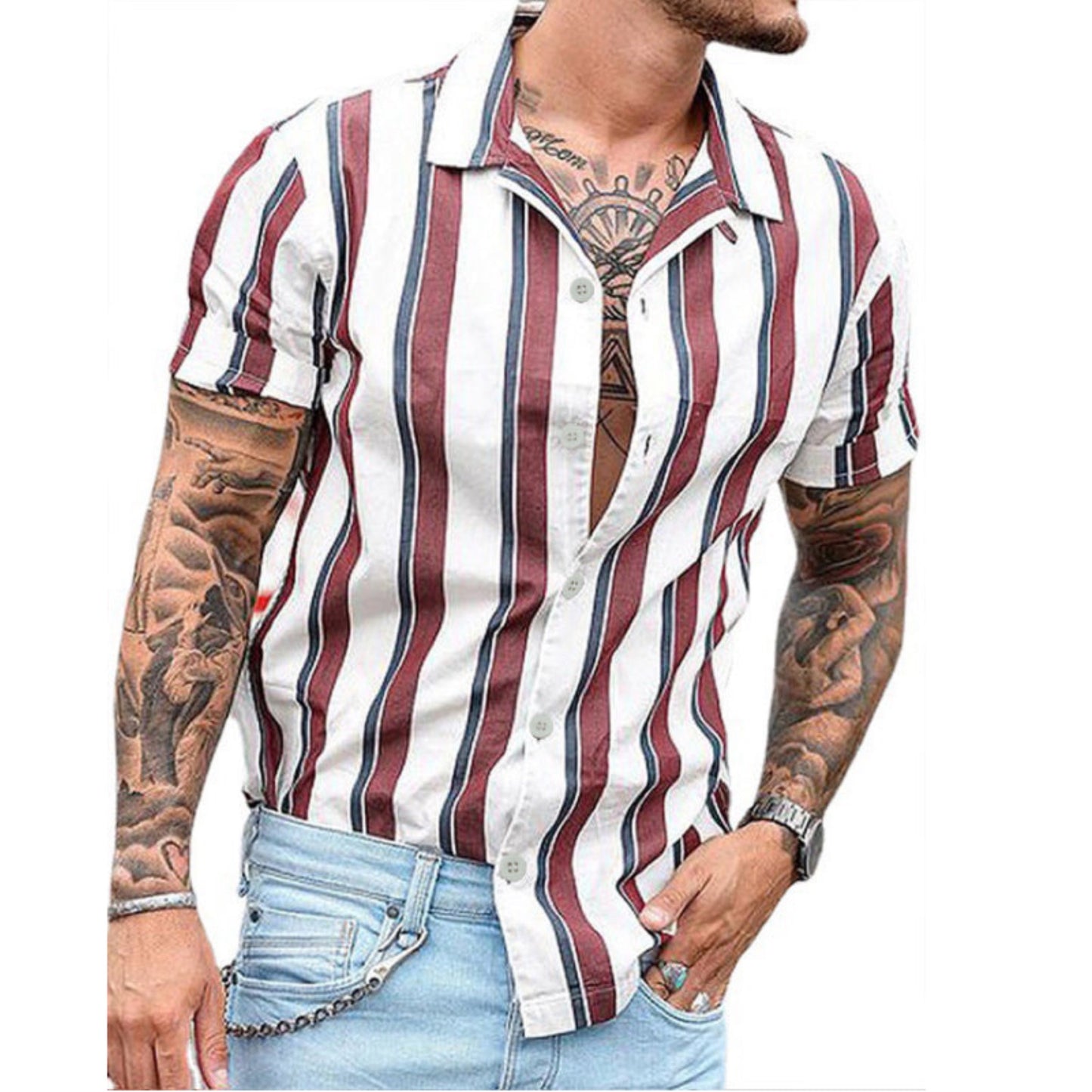 Striped Button Up Short Sleeve Men's Shirt