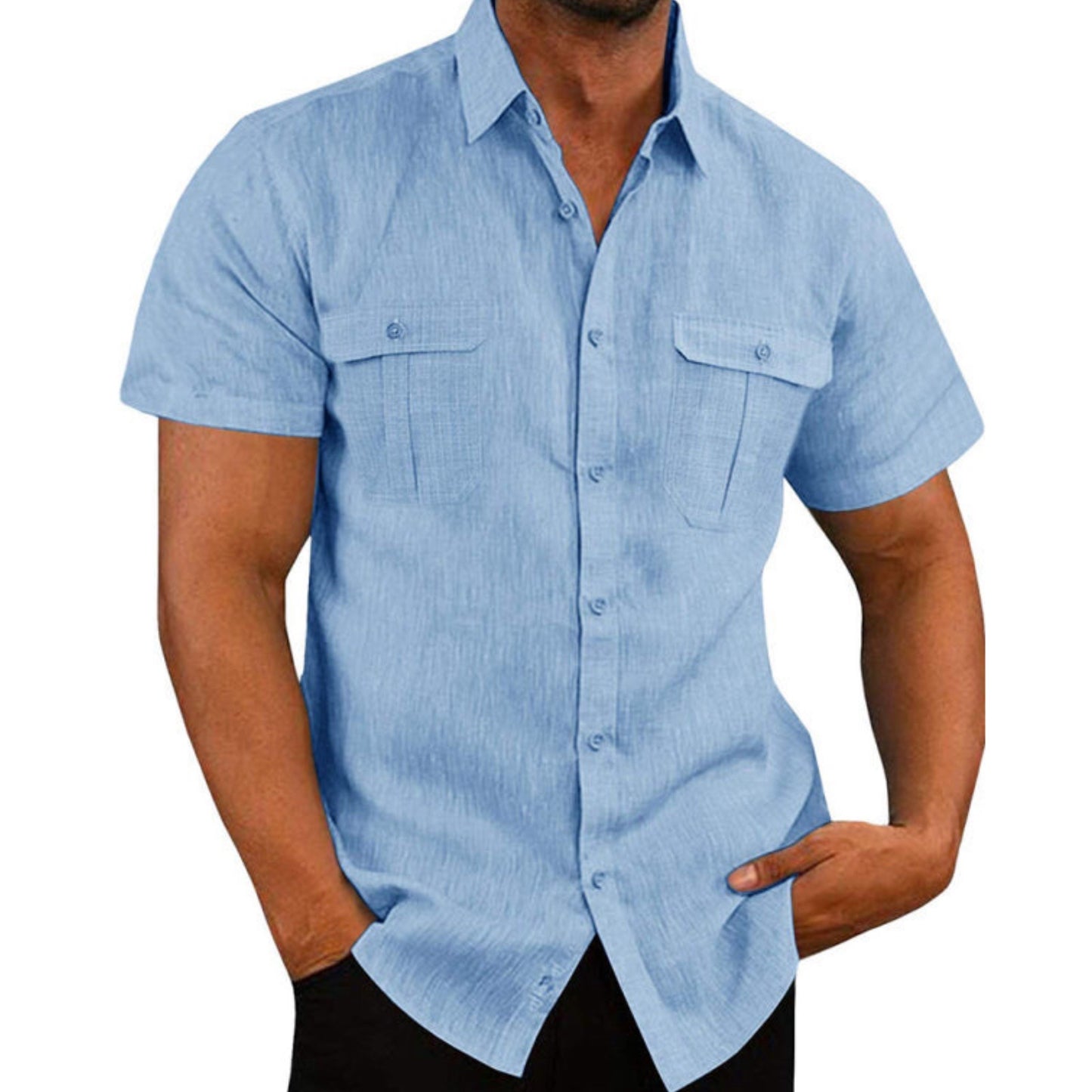 Shirt Double Pocket Linen Short Sleeve Shirt