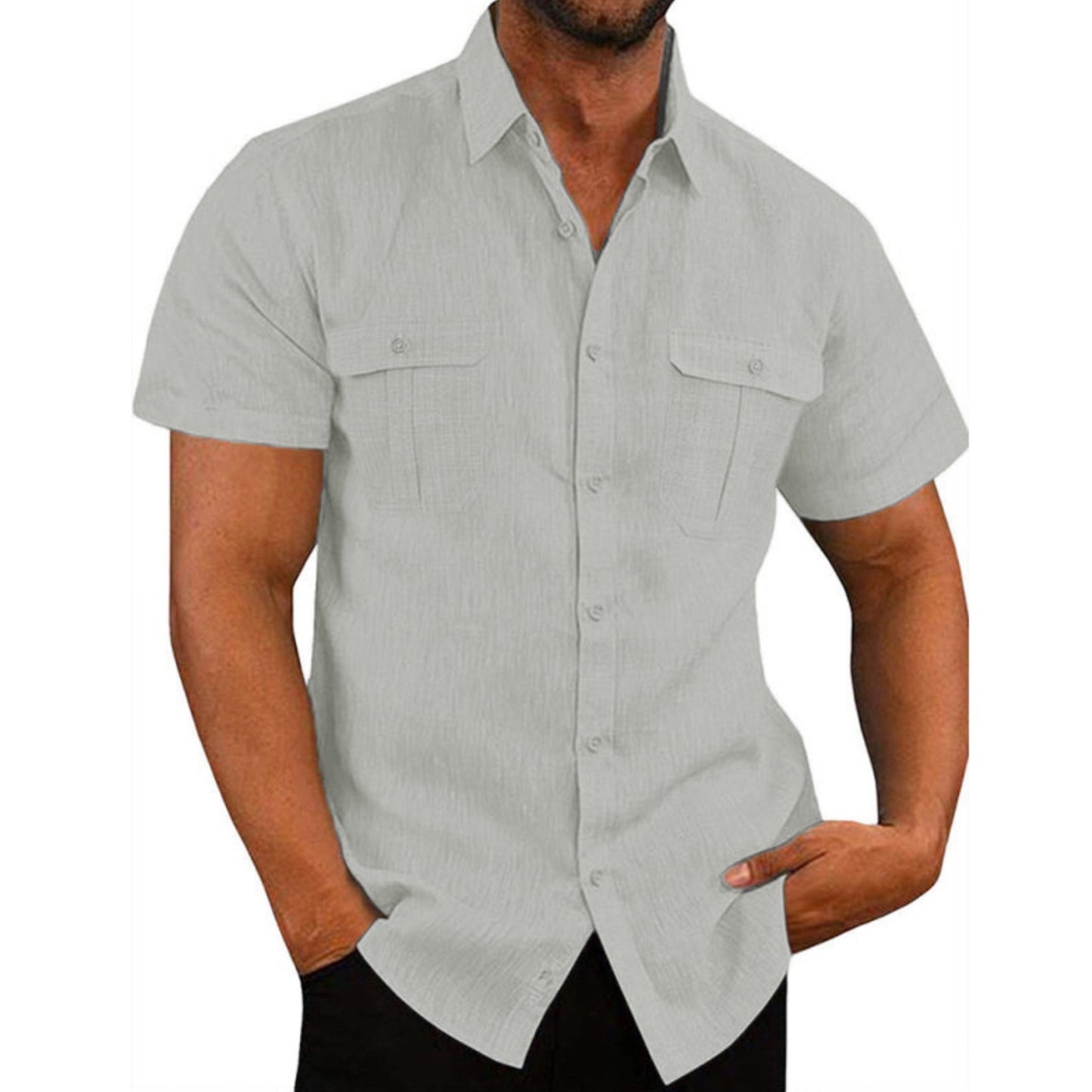 Shirt Double Pocket Linen Short Sleeve Shirt