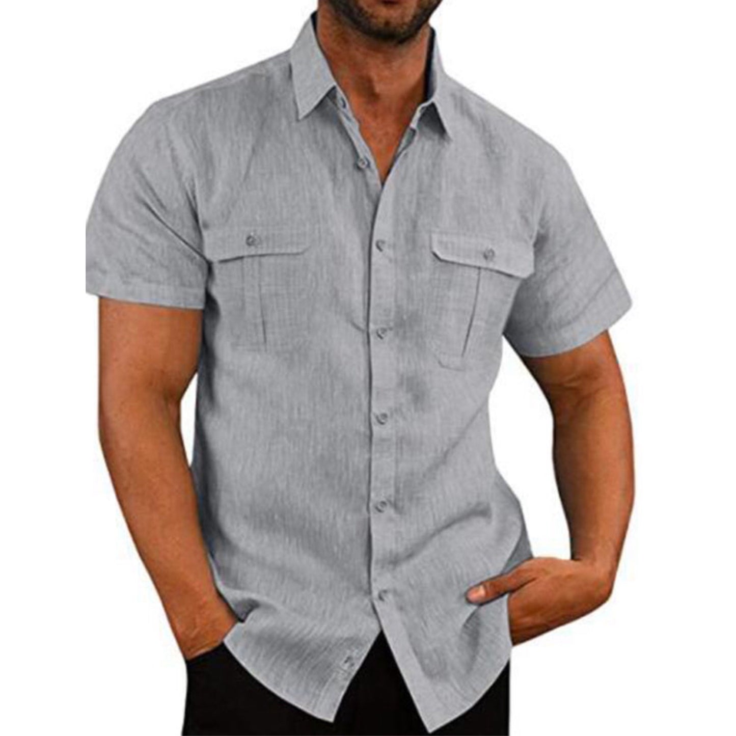 Shirt Double Pocket Linen Short Sleeve Shirt