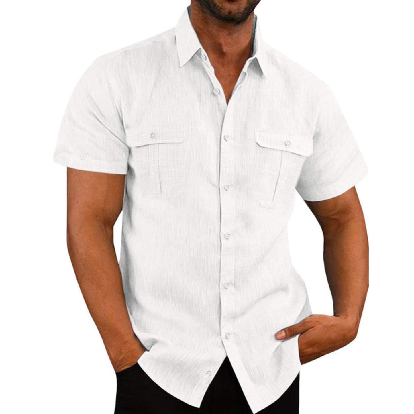 Shirt Double Pocket Linen Short Sleeve Shirt