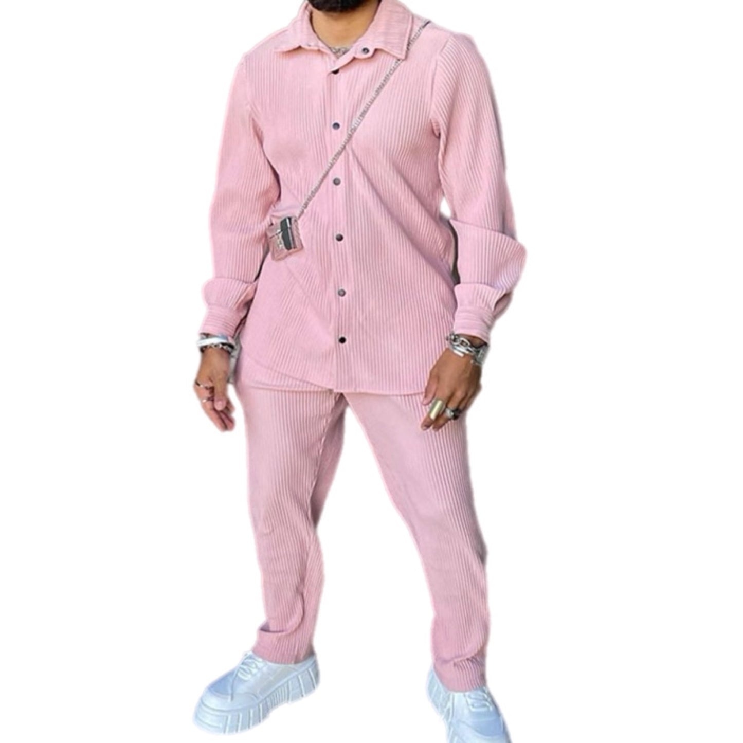 Pink Corduroy Button Up Shirt & Bottom Set