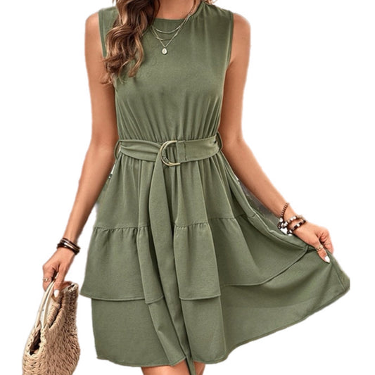 Green Tie Waist Ruffle Dress