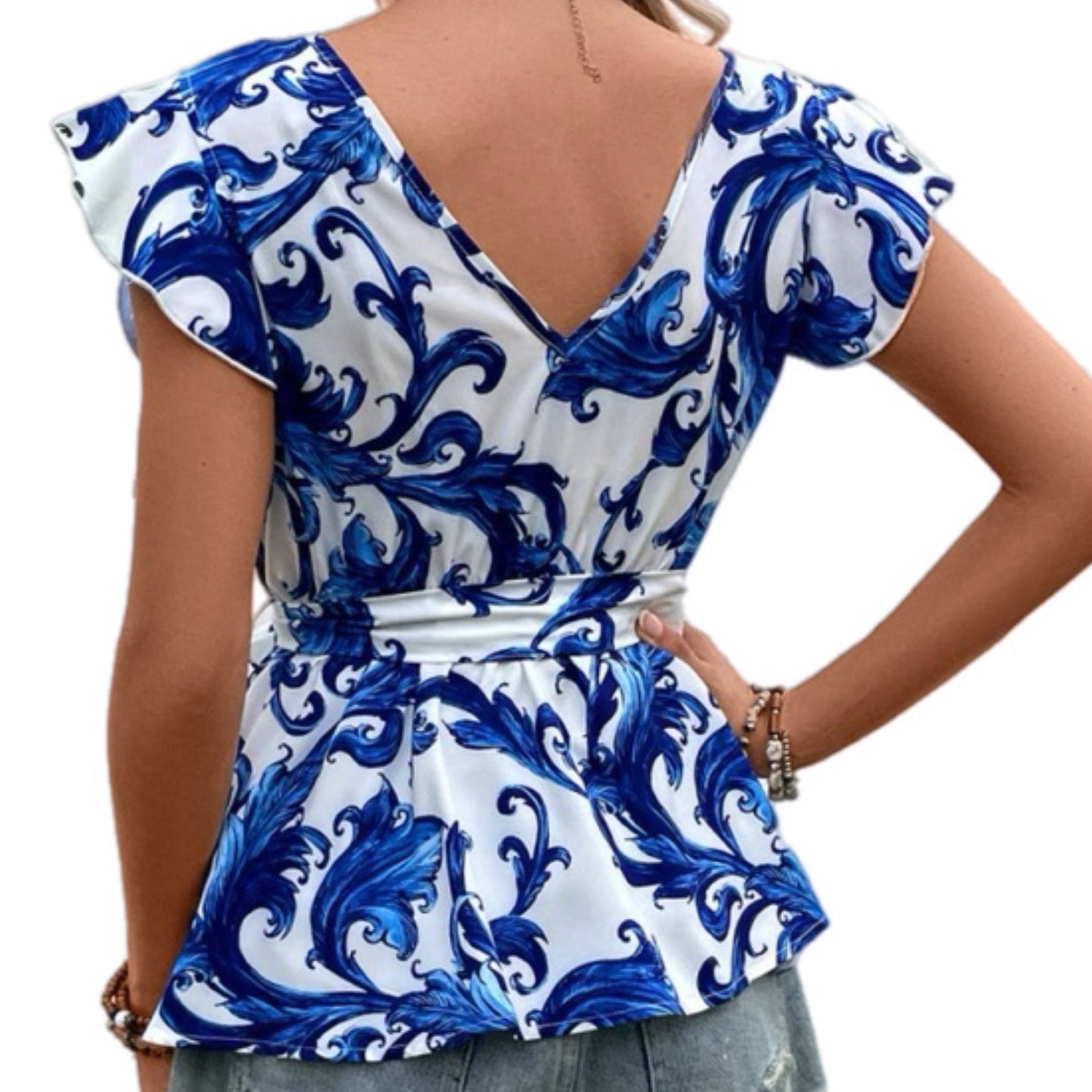 Blue Floral V-Neck Shirt