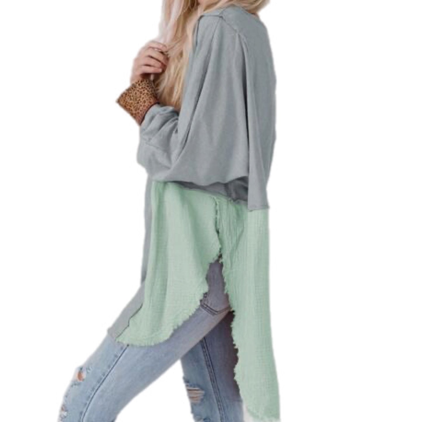 Contrast Cotton-Blend Long Sleeve Blouse