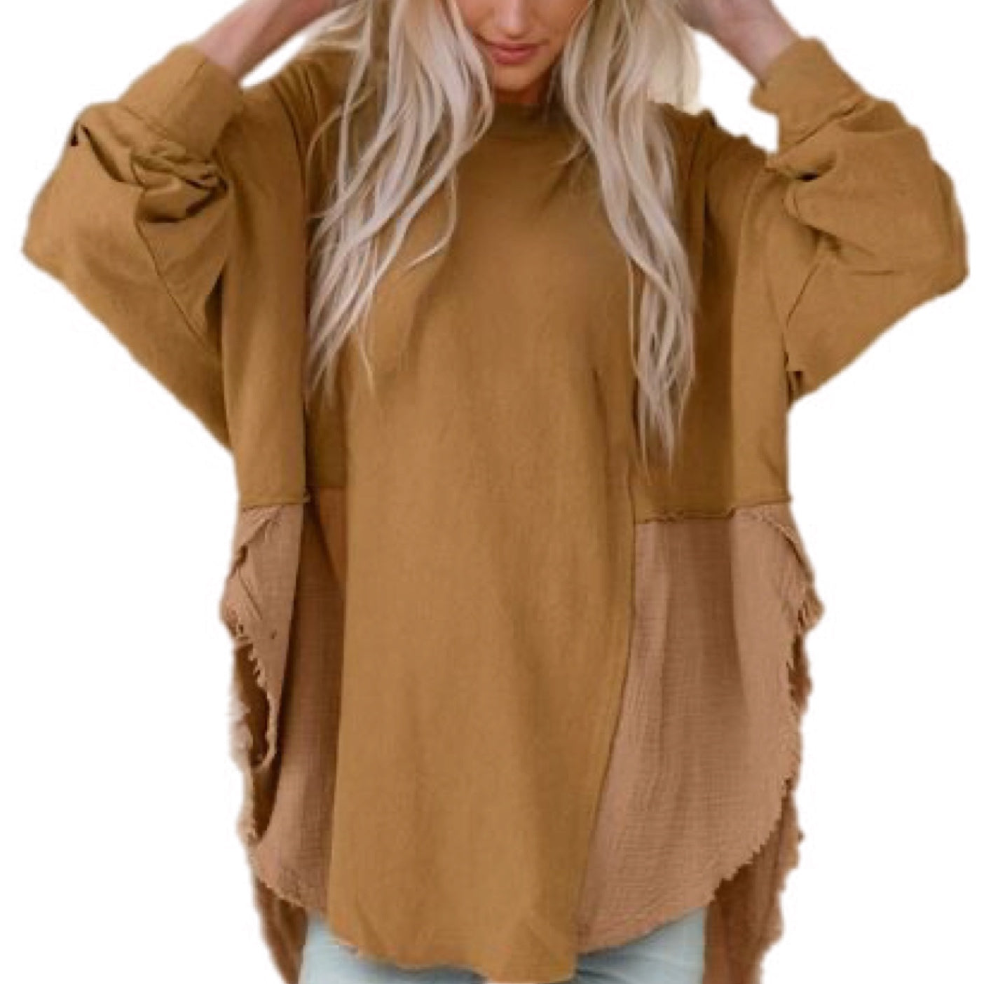 Contrast Cotton-Blend Long Sleeve Blouse