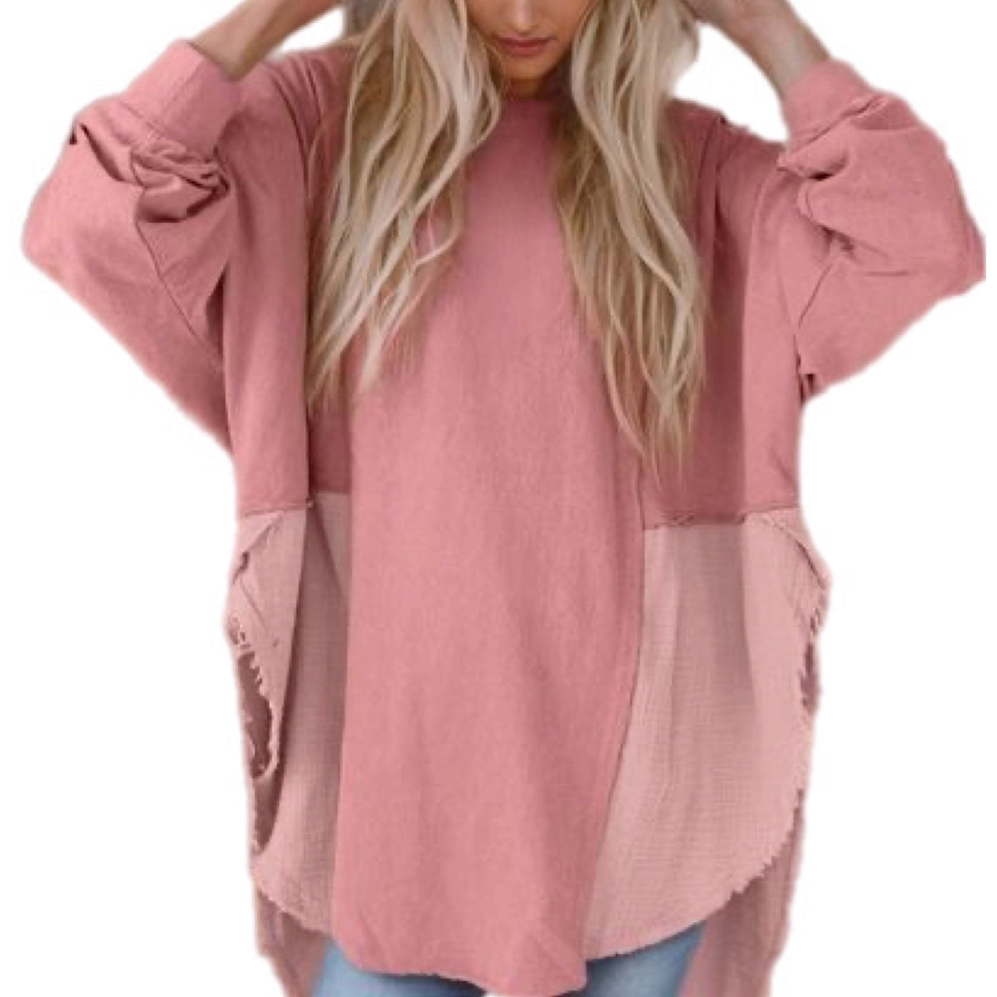 Contrast Cotton-Blend Long Sleeve Blouse