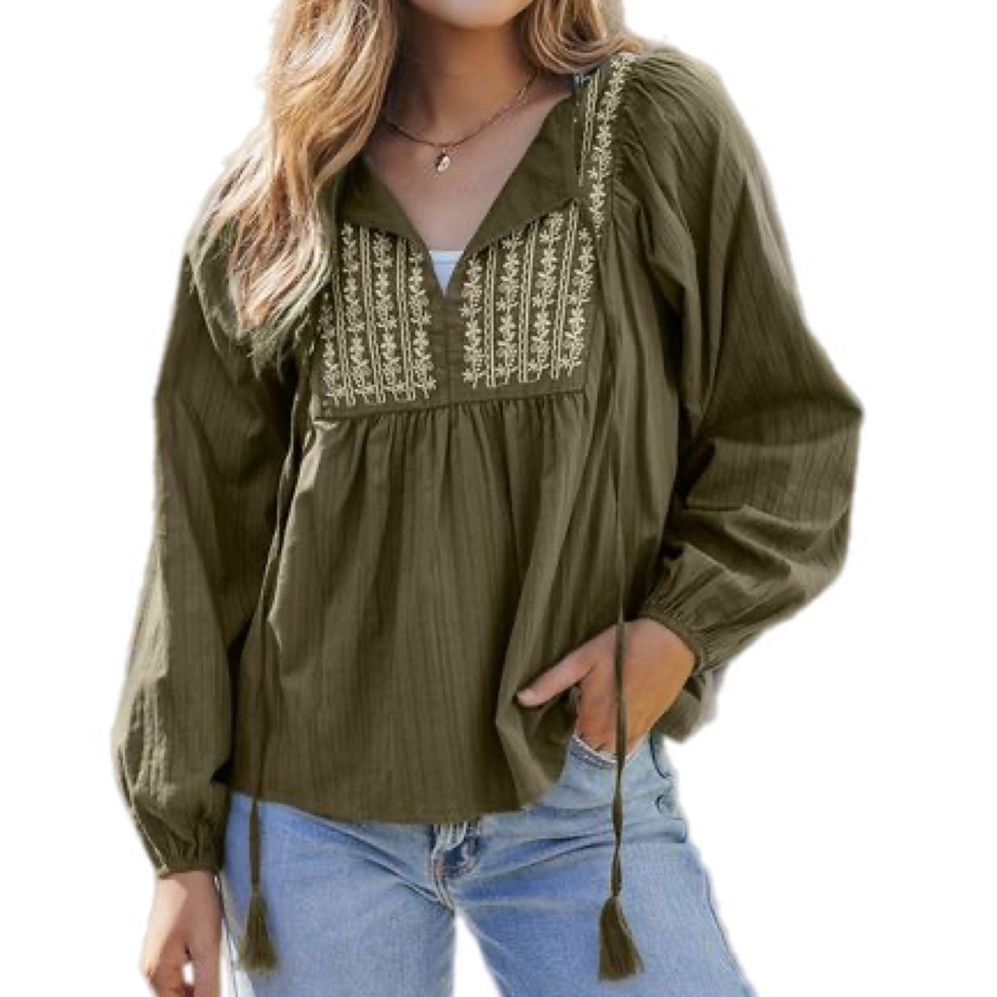 Embroidered Tassel Balloon Sleeve Blouse