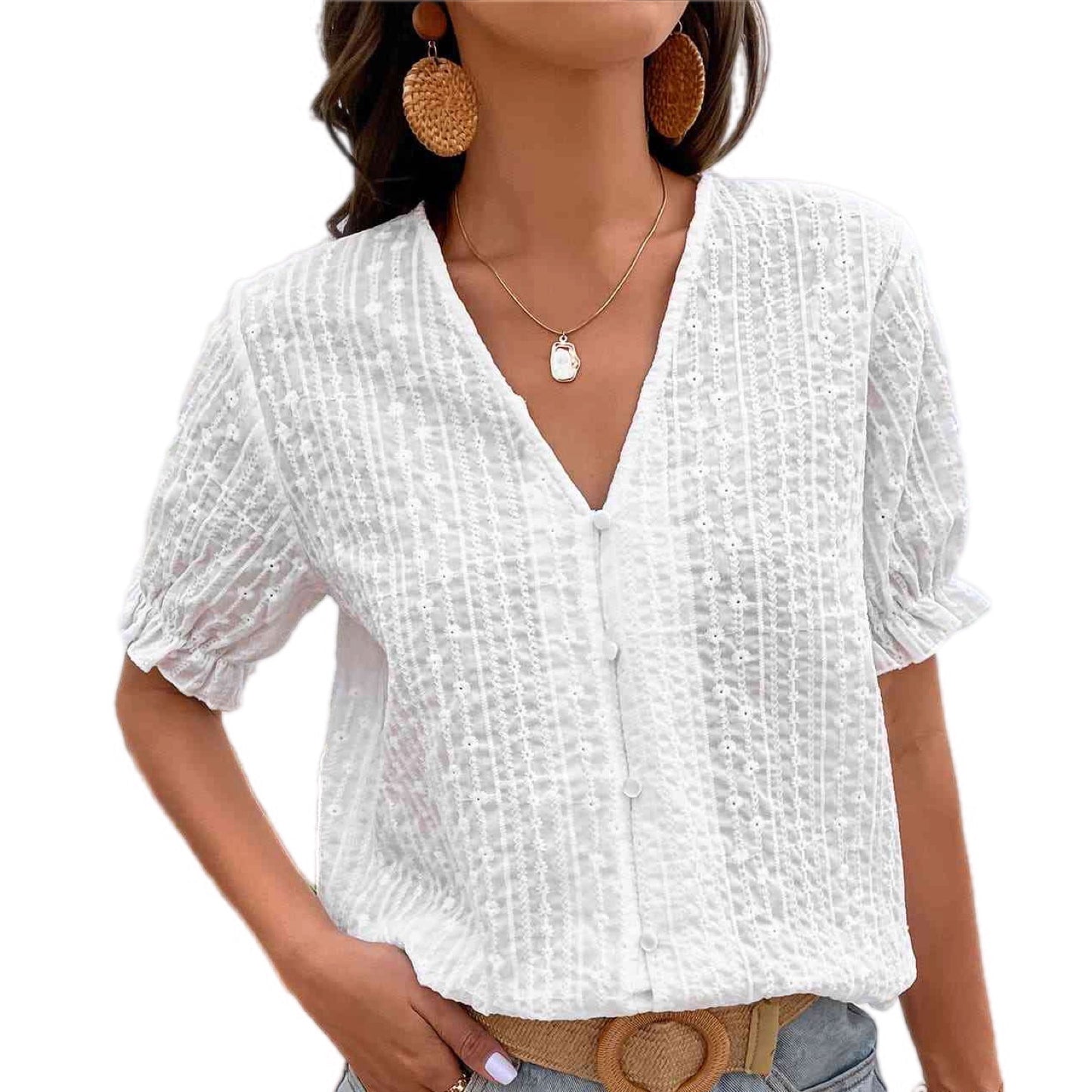 Chic Buttoned V-Neck Flounce Sleeve Top