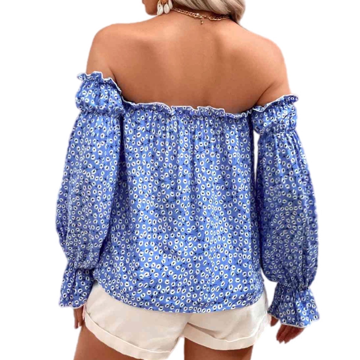 Off Shoulder Foral Frill Trim Blouse