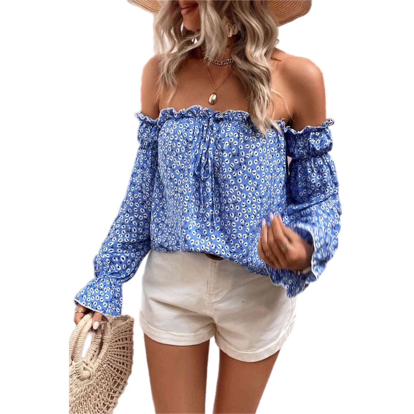 Off Shoulder Foral Frill Trim Blouse