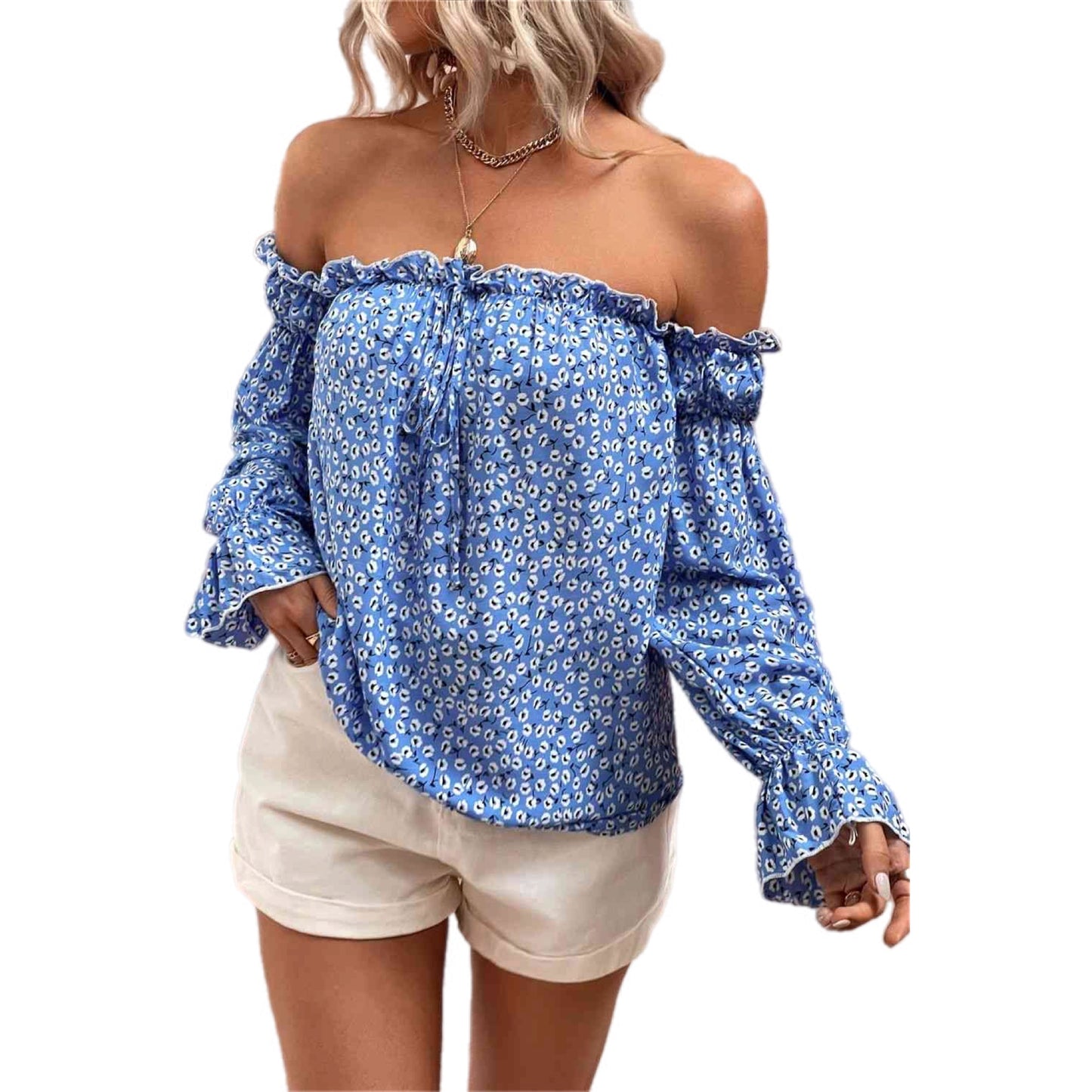 Off Shoulder Foral Frill Trim Blouse