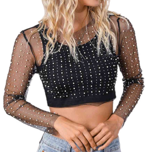 Pearl Mesh Long Sleeve Crop Top