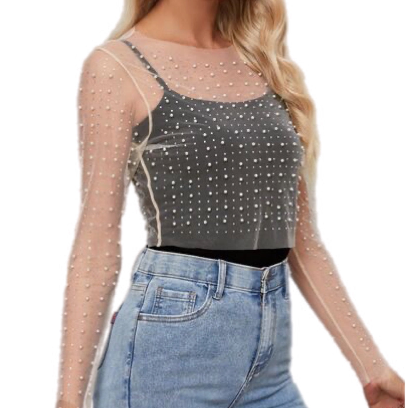 Pearl Mesh Long Sleeve Crop Top