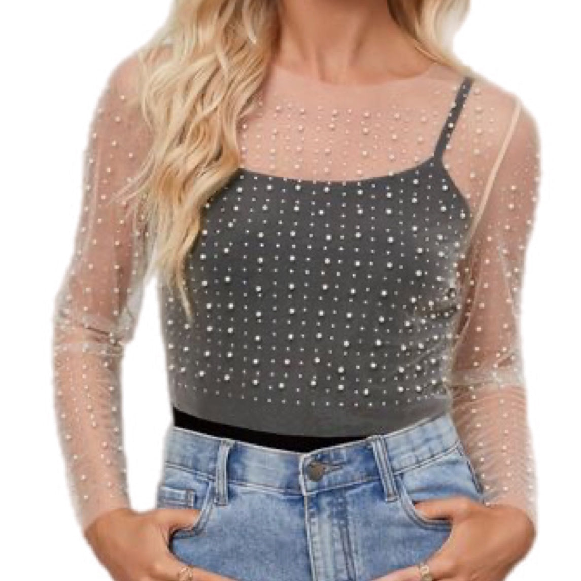 Pearl Mesh Long Sleeve Crop Top