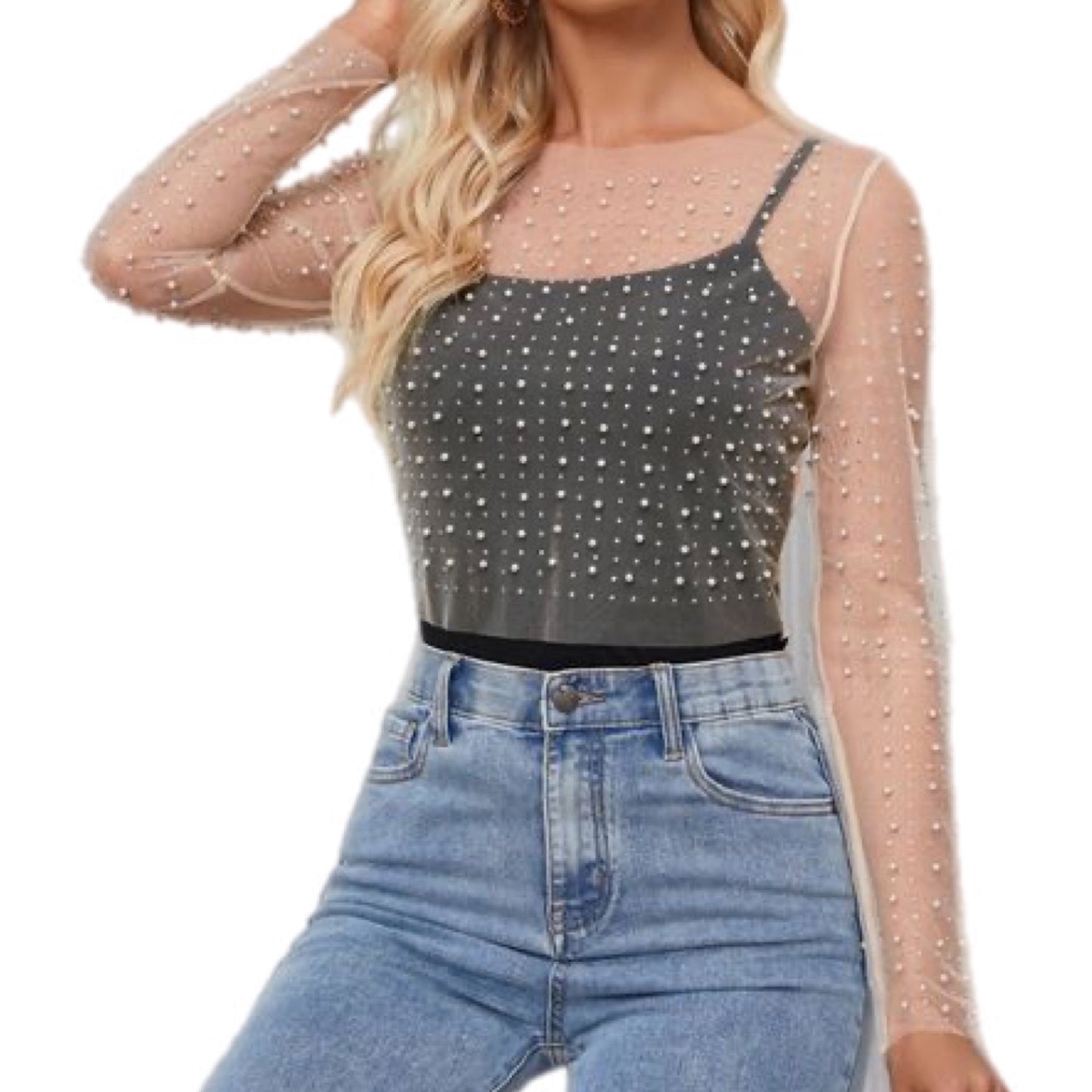 Pearl Mesh Long Sleeve Crop Top