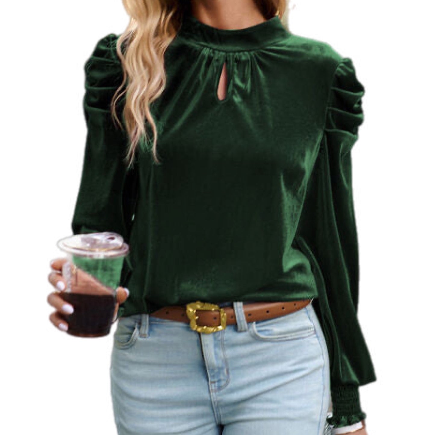 Velvet Tie Up Mock Neck Long Sleeve Blouse