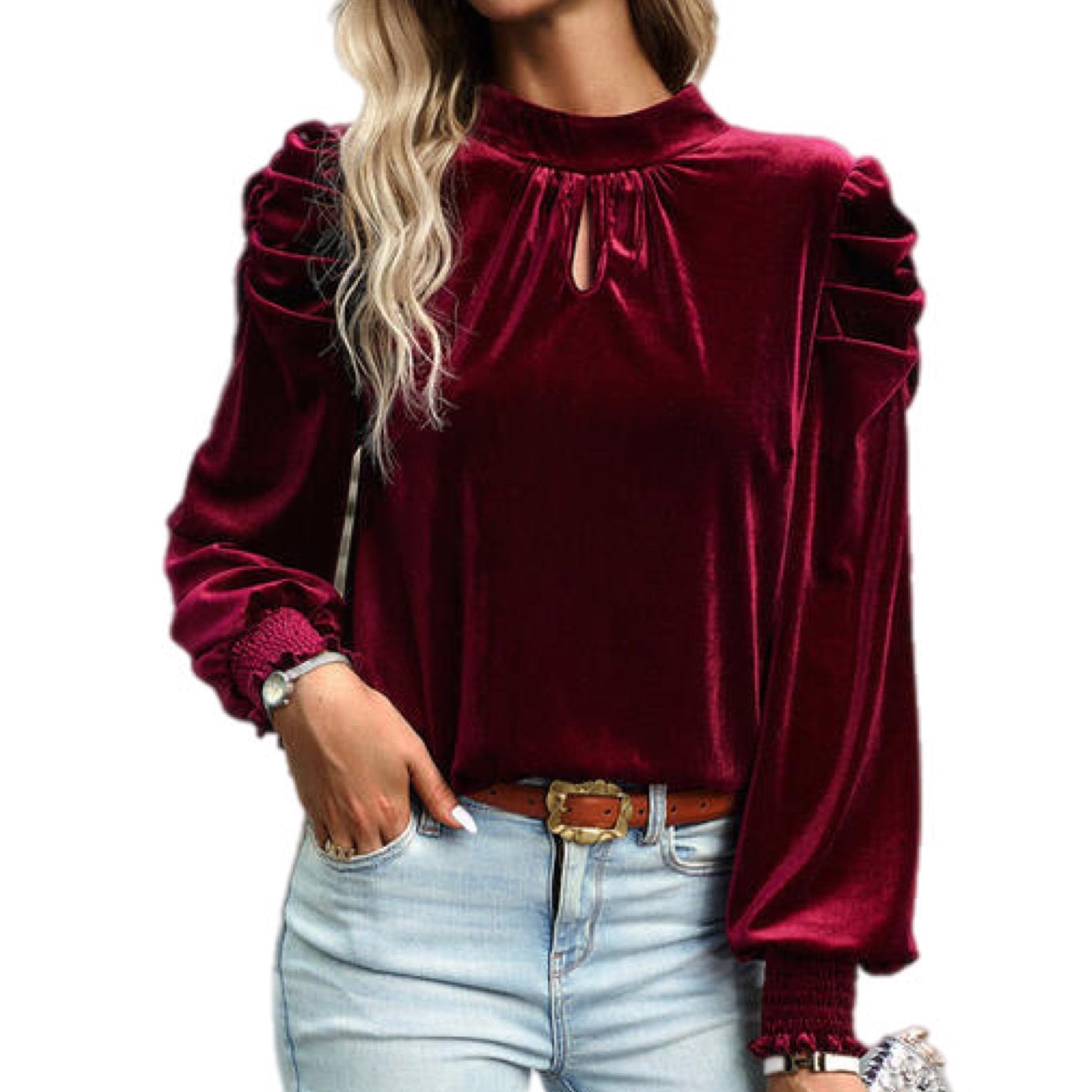 Velvet Tie Up Mock Neck Long Sleeve Blouse