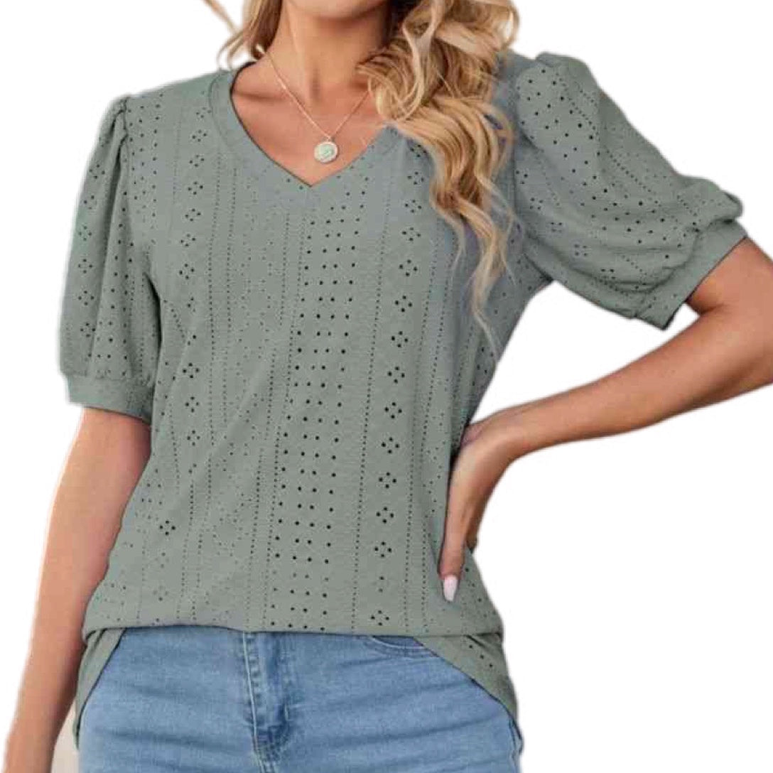 Causal & Girly Puff Sleeve V-Neck Top