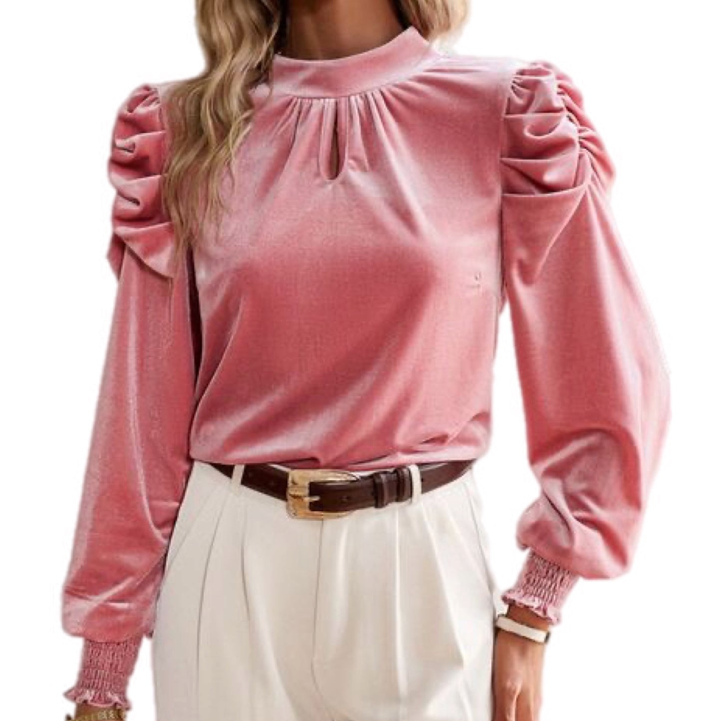 Velvet Tie Up Mock Neck Long Sleeve Blouse