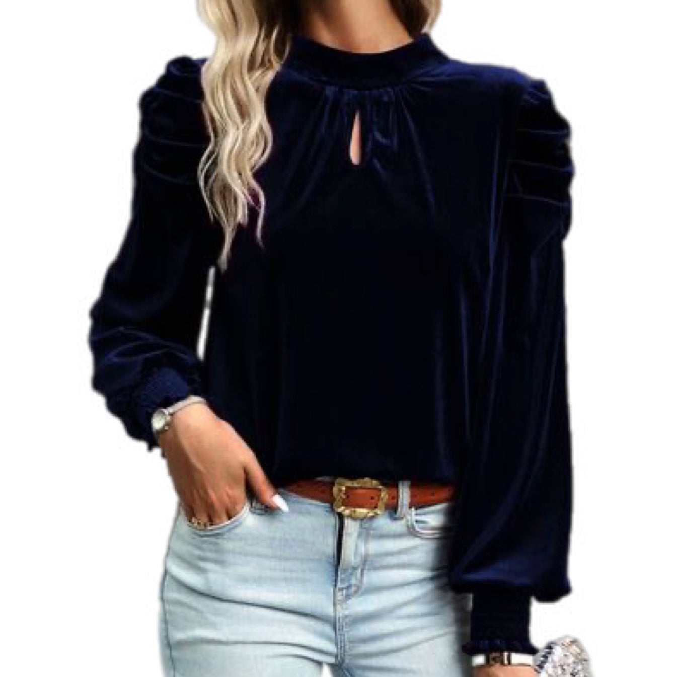 Velvet Tie Up Mock Neck Long Sleeve Blouse