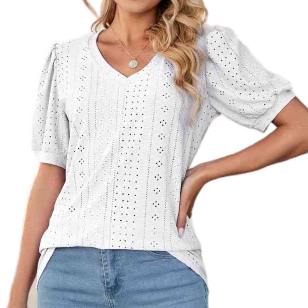 Causal & Girly Puff Sleeve V-Neck Top