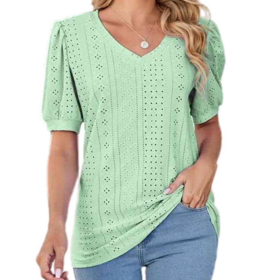 Causal & Girly Puff Sleeve V-Neck Top