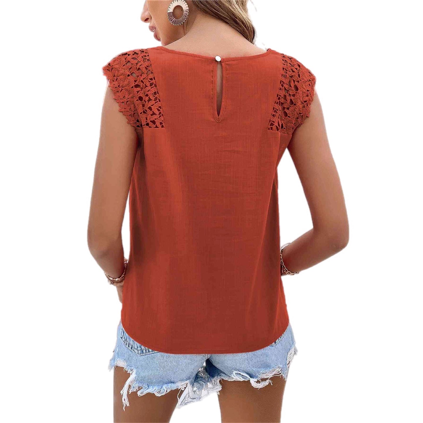 Cotton Spliced Lace Cap Sleeve Top