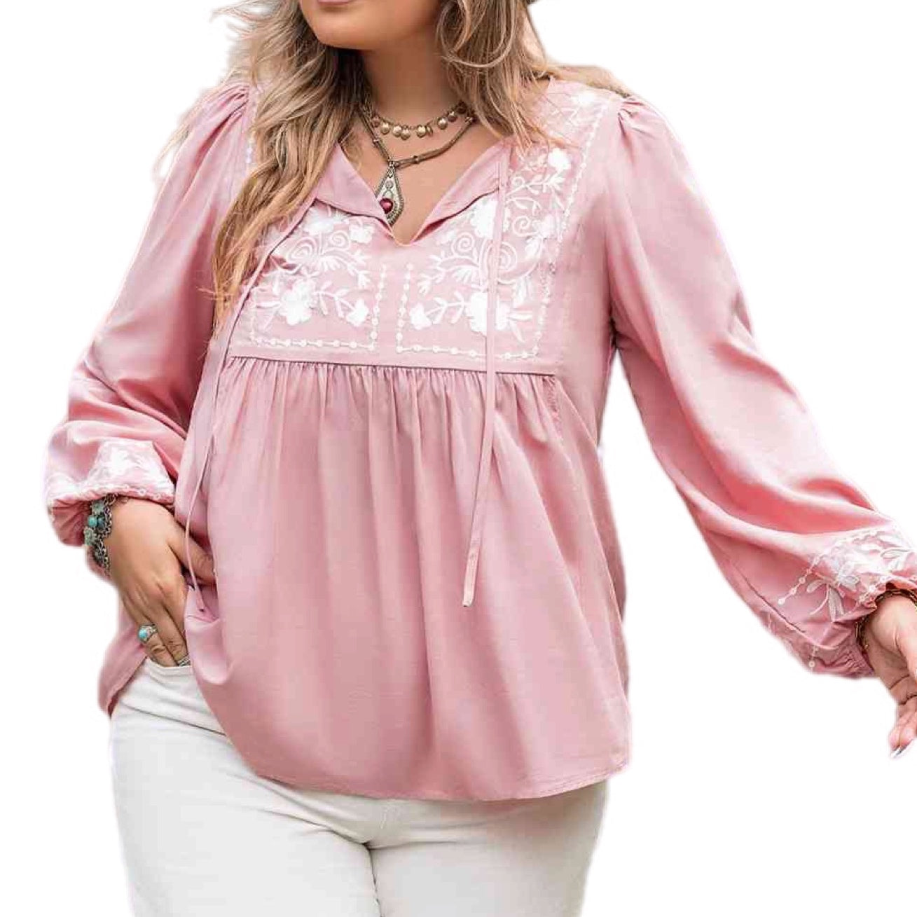 Plus Size Tie Neck Puff Sleeve Blouse