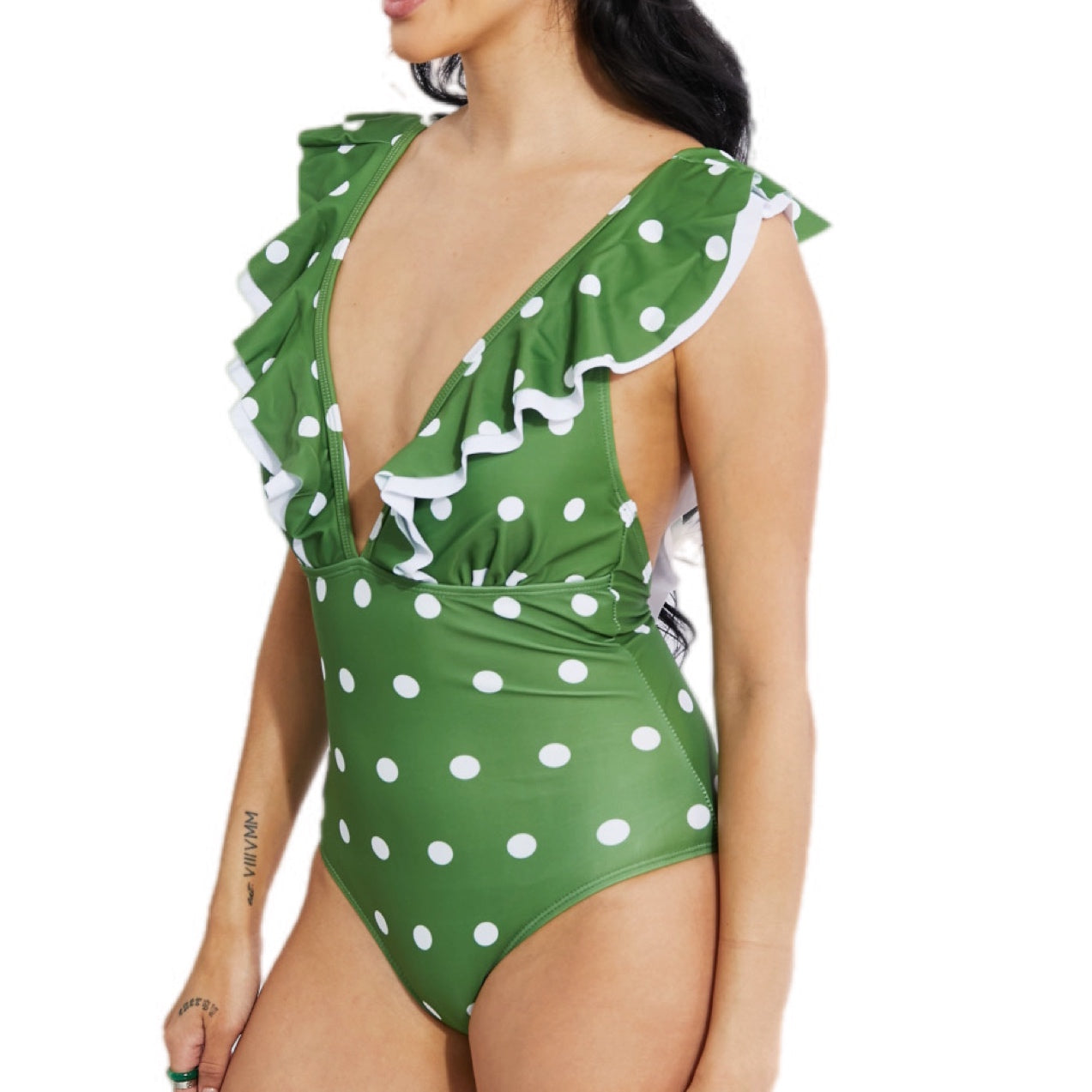 Green Polka Dot Ruffle Plunge Swimsuit