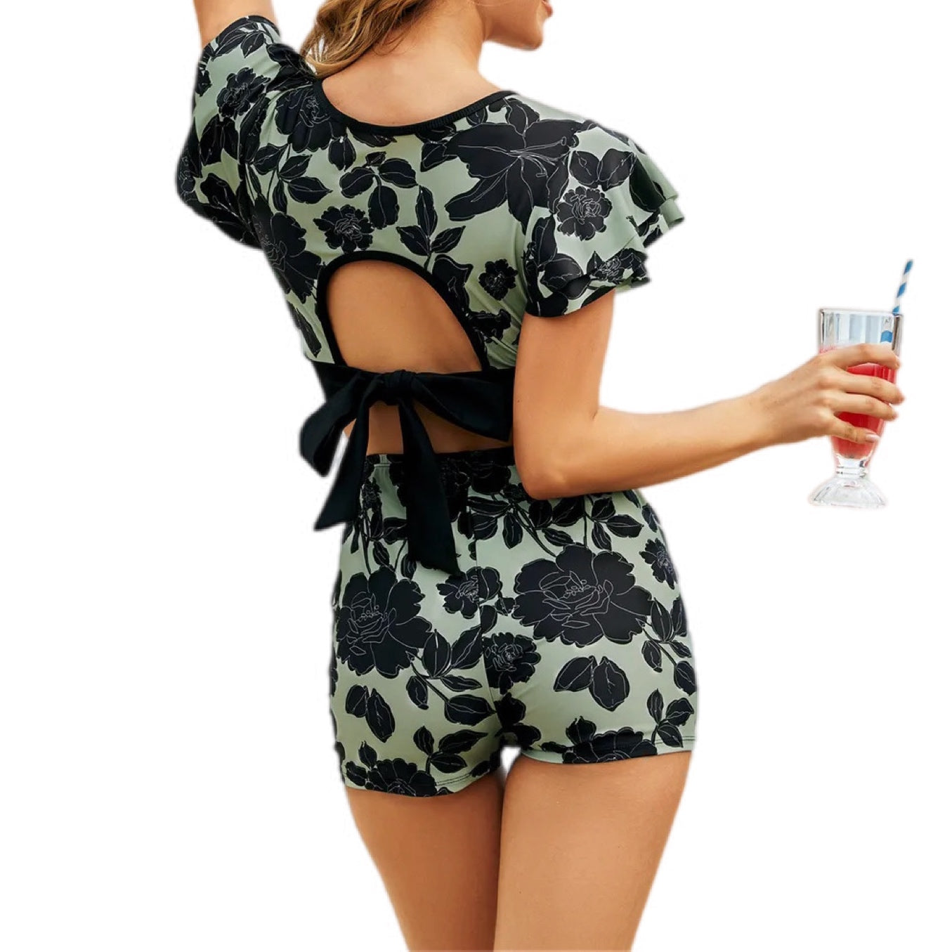 High Waisted Botanical Flutter Sleeve Two-Piece