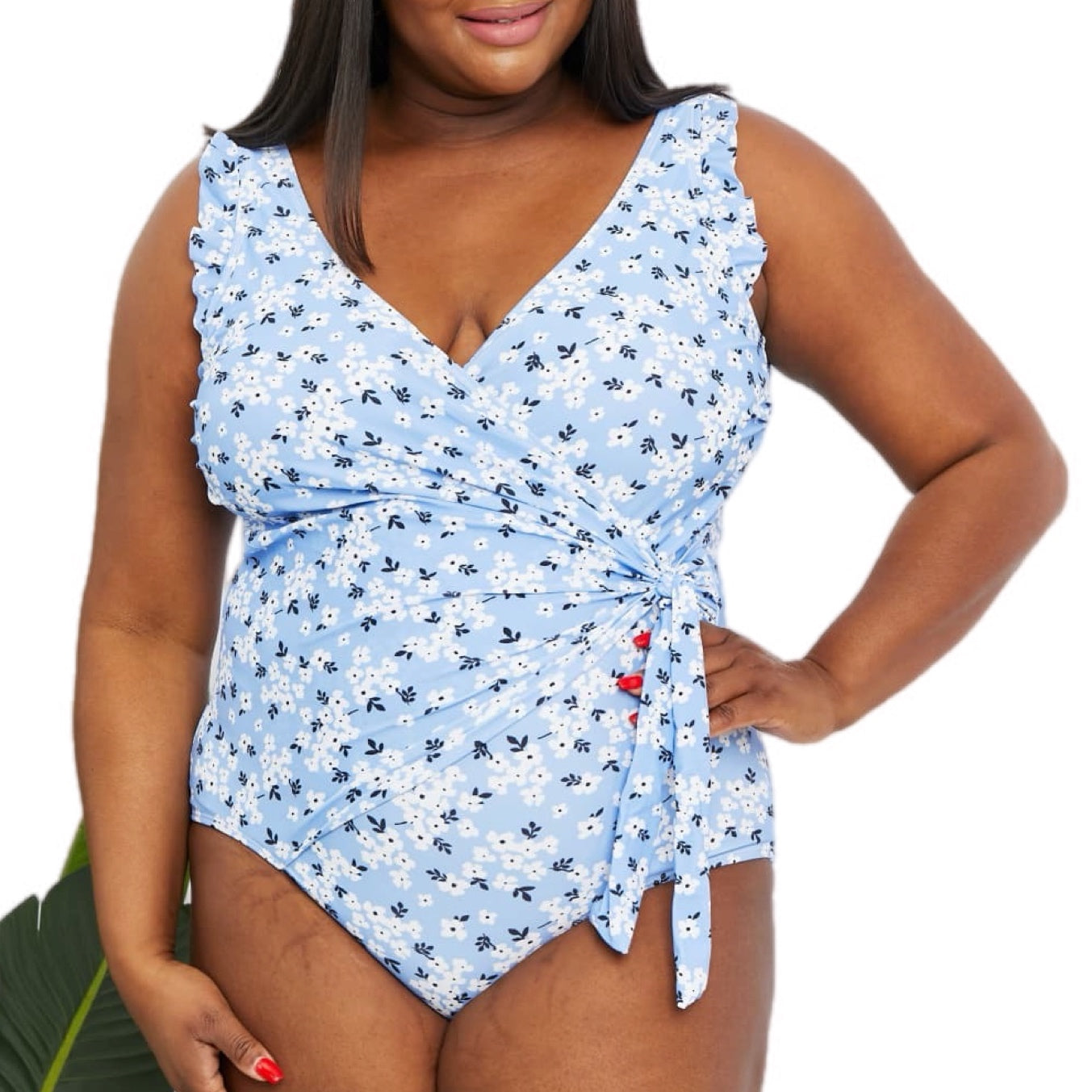 Blue Floral Ruffle Faux Wrap One-Piece