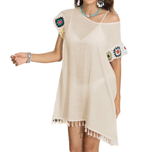 Boat Neck Flutter Sleeve Cover Up With Tassels