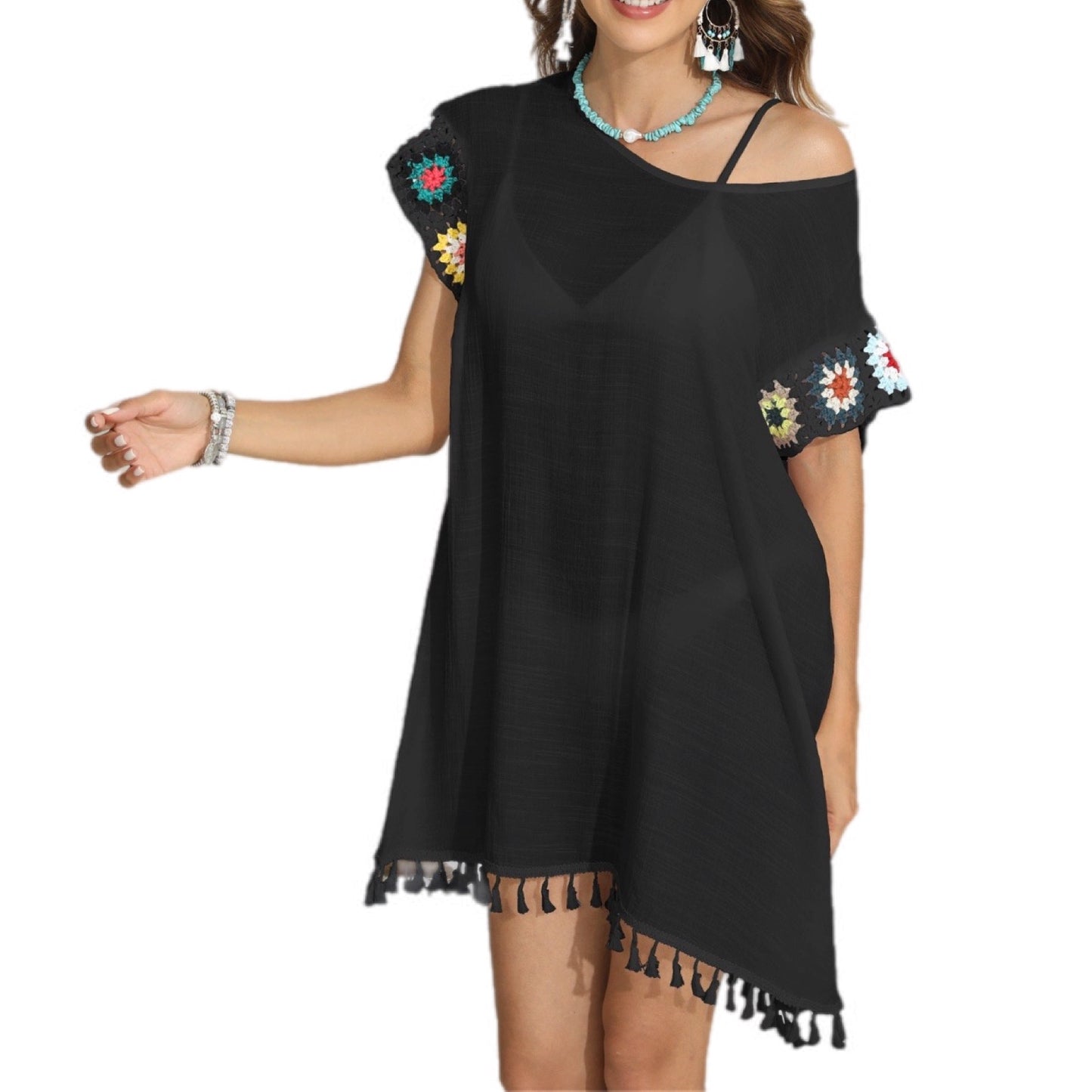 Boat Neck Flutter Sleeve Cover Up With Tassels