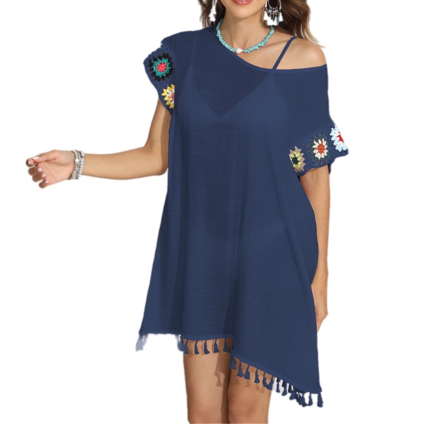 Boat Neck Flutter Sleeve Cover Up With Tassels