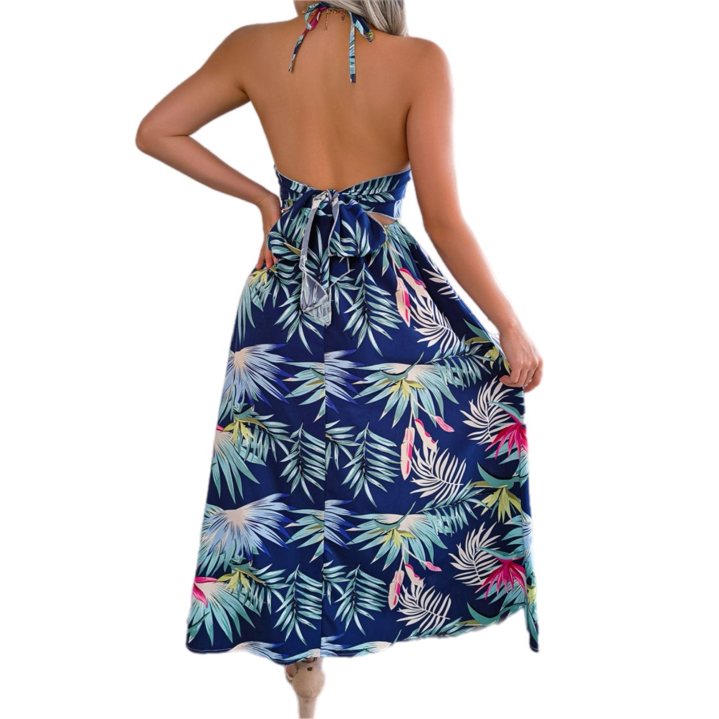 Botanical Tied Backless Cutout Slit Dress