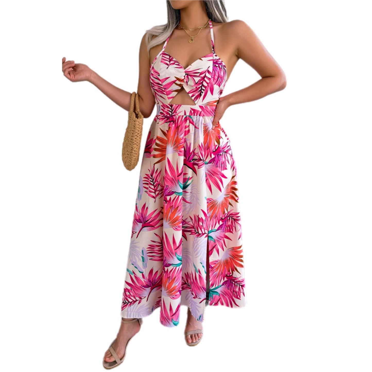 Botanical Tied Backless Cutout Slit Dress