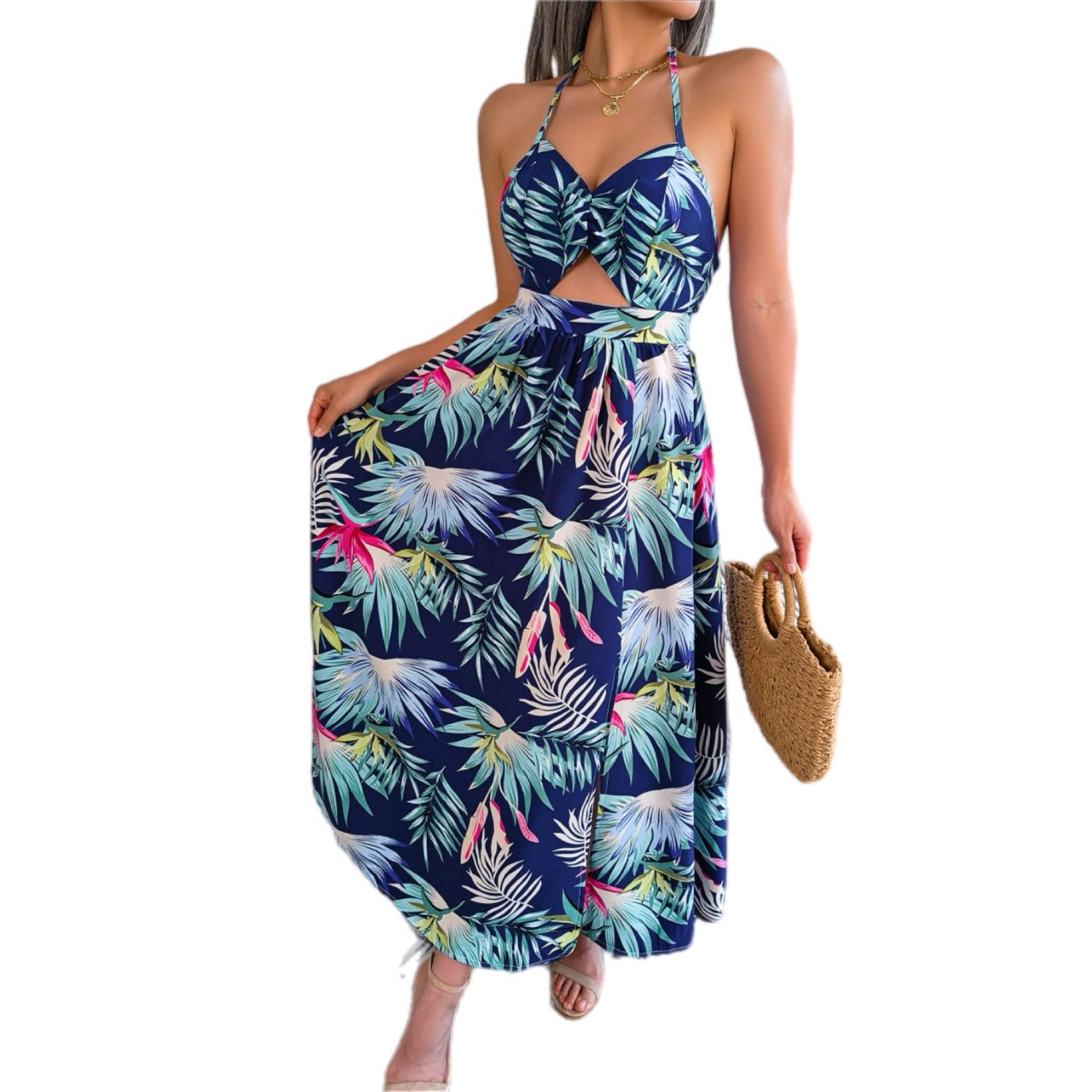 Botanical Tied Backless Cutout Slit Dress