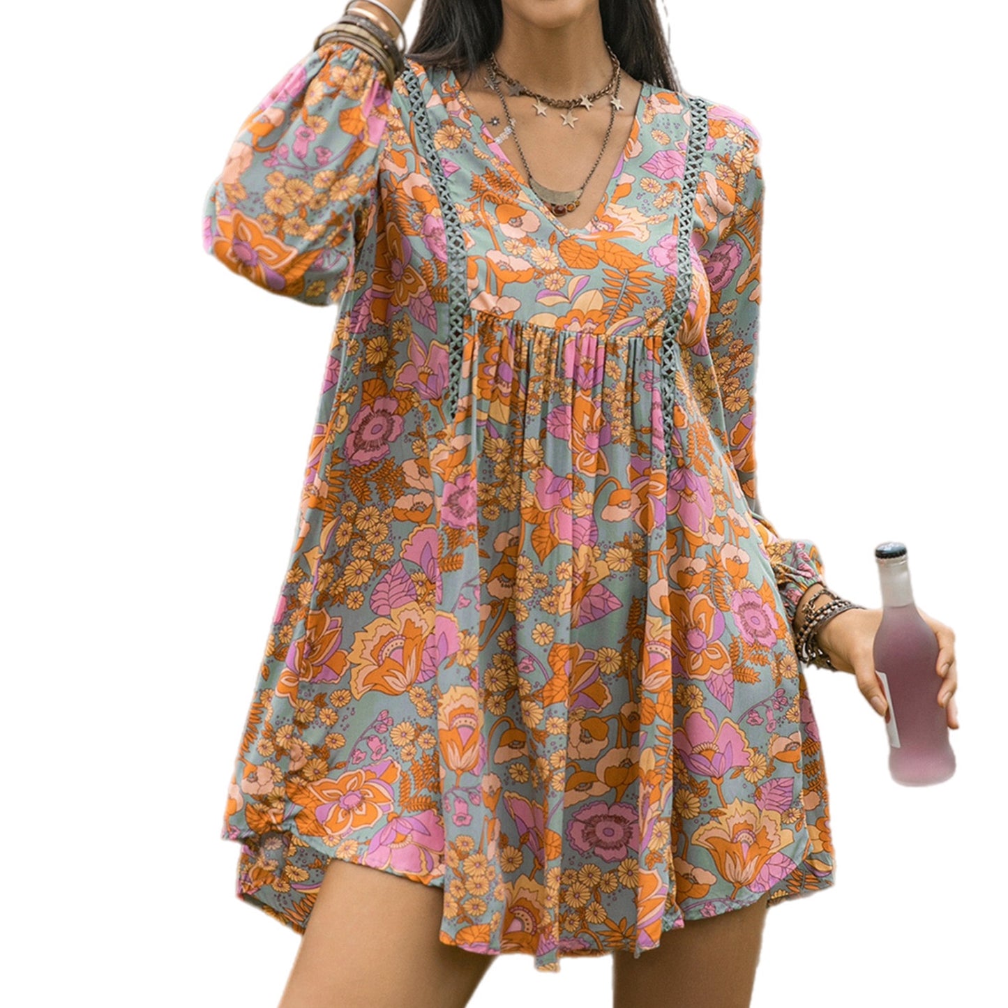 Boho Floral Ruched V-Neck Long Sleeve Dress