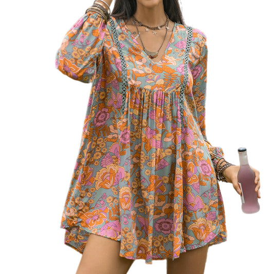 Boho Floral Ruched V-Neck Long Sleeve Dress