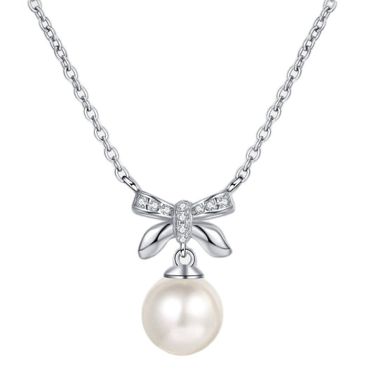 Lustrous Elegance Moissanite Bow Pearl Necklace