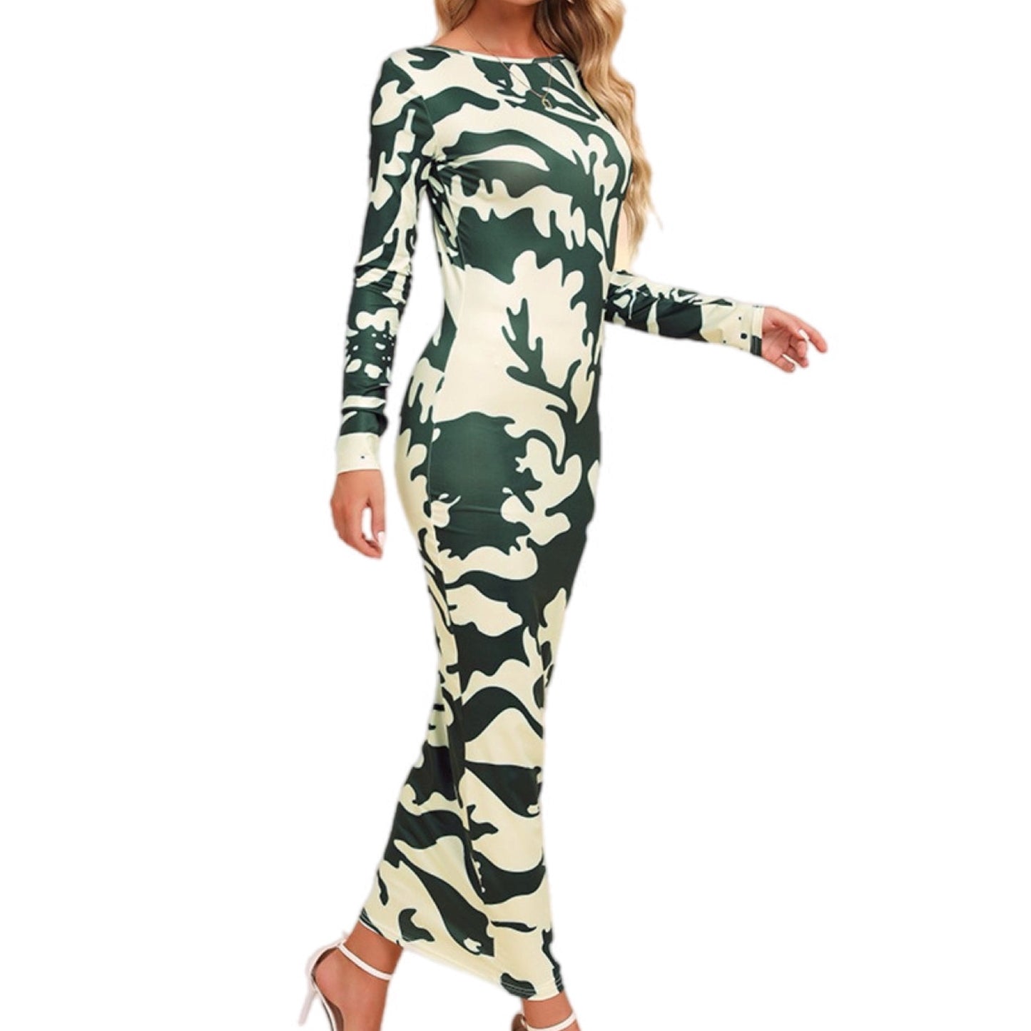 Printed Backless Long Sleeve Maxi Dress