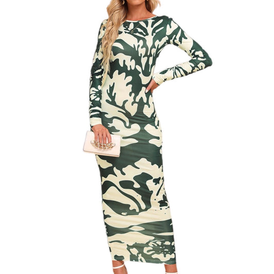 Printed Backless Long Sleeve Maxi Dress