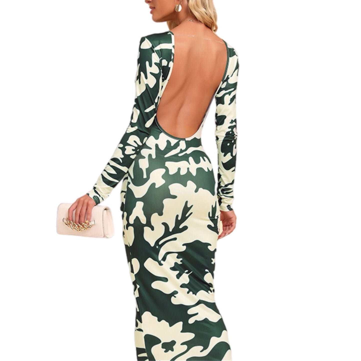 Printed Backless Long Sleeve Maxi Dress