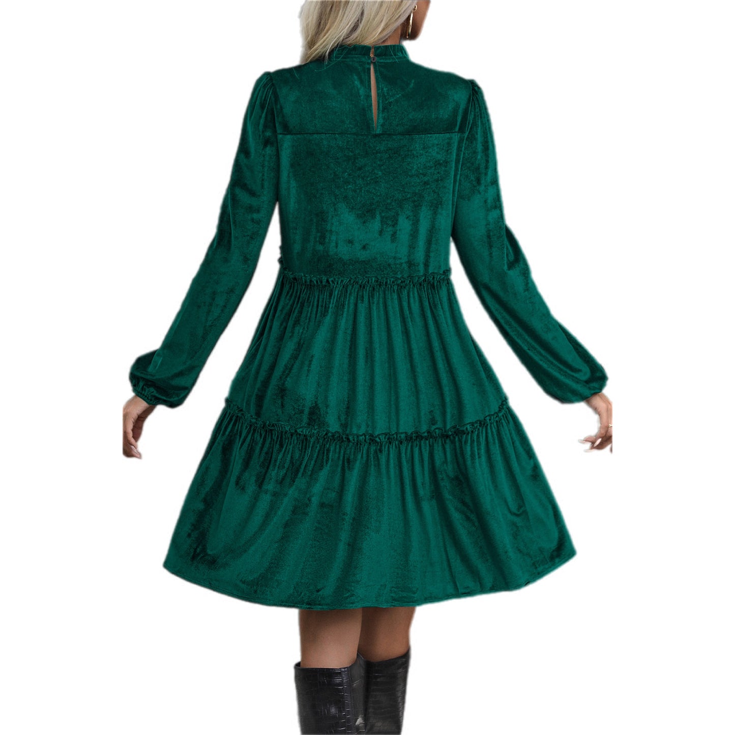 Smocked Balloon Sleeve Frill Trim Tiered Dress