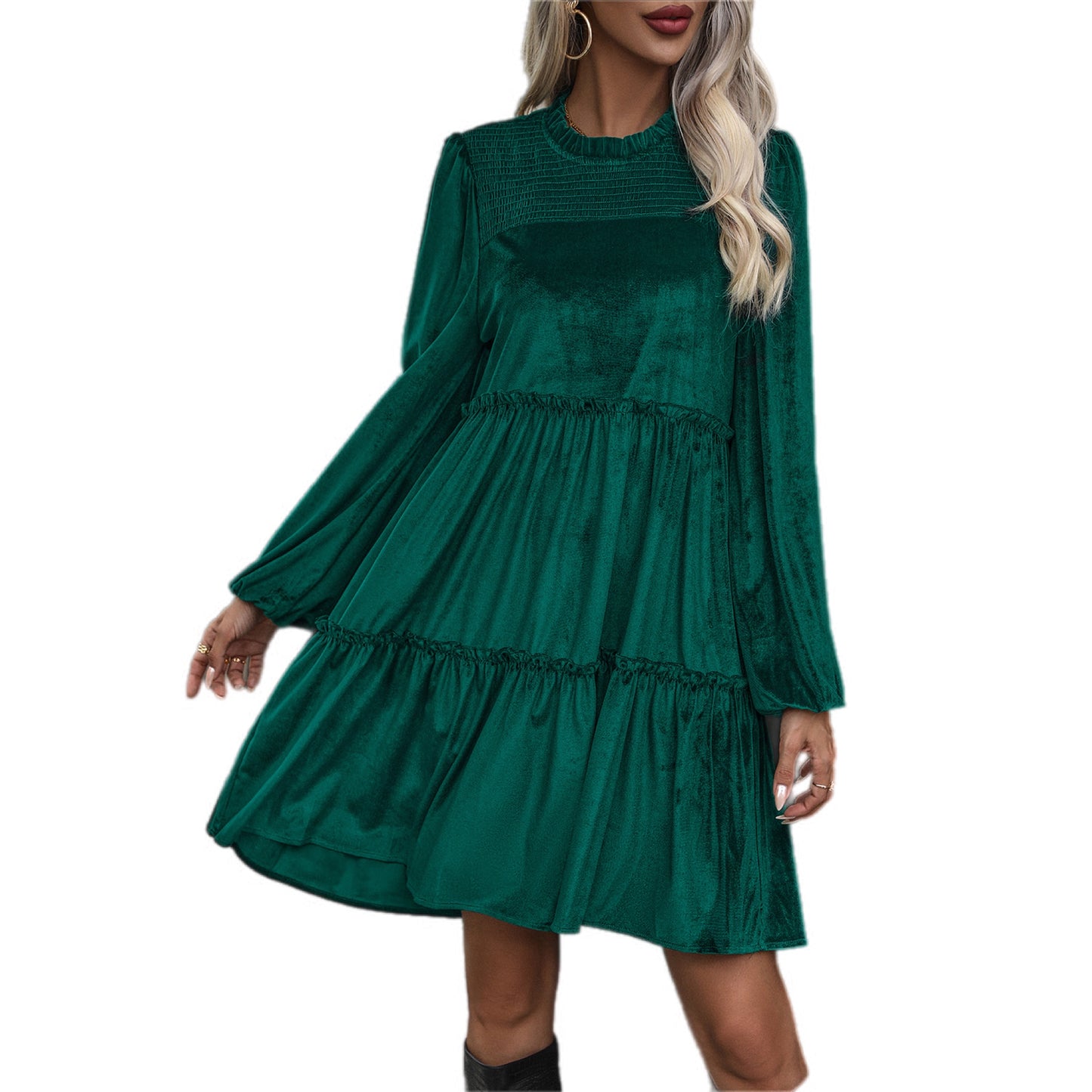 Smocked Balloon Sleeve Frill Trim Tiered Dress