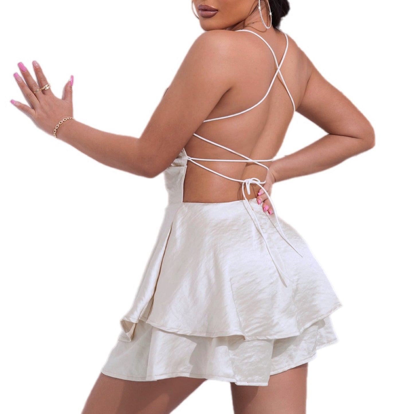 Lace Up Backless Two Layer Hem Romper