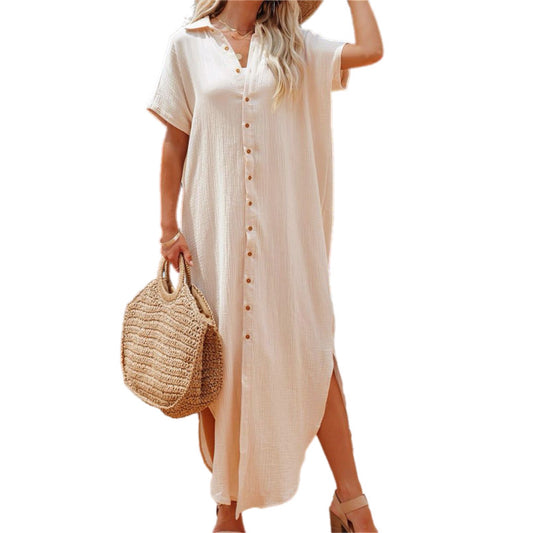 Casual Beige Button-Down Midi Shirt Dress