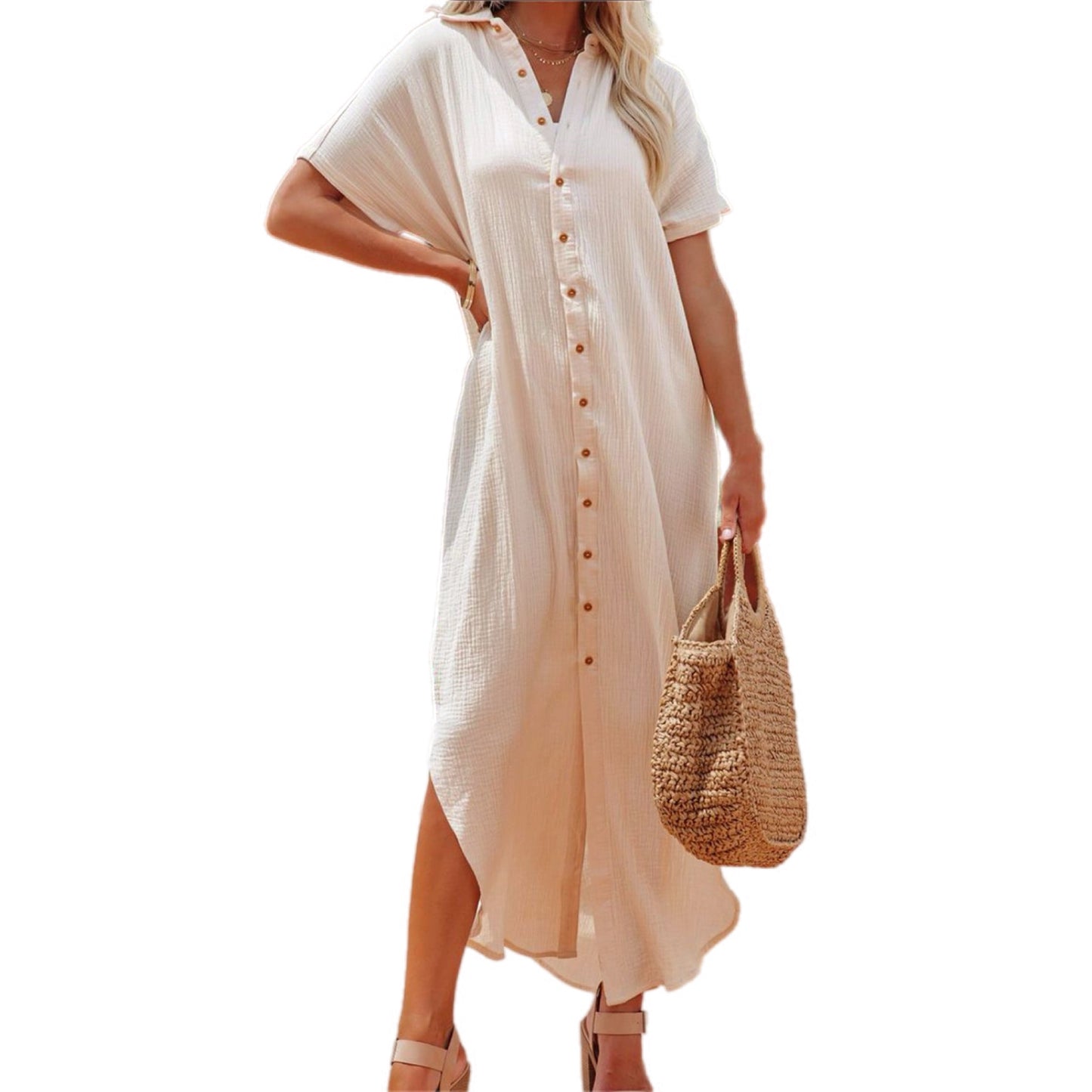 Casual Beige Button-Down Midi Shirt Dress